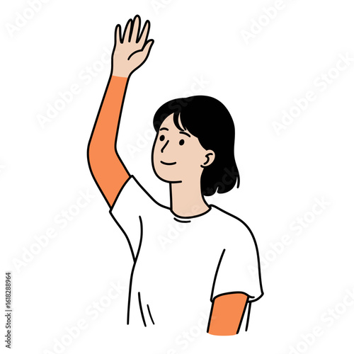 Simple character illustration of a friendly person with short hair waving, wearing a white t-shirt and an orange arm sleeve for a positive gesture concept.
