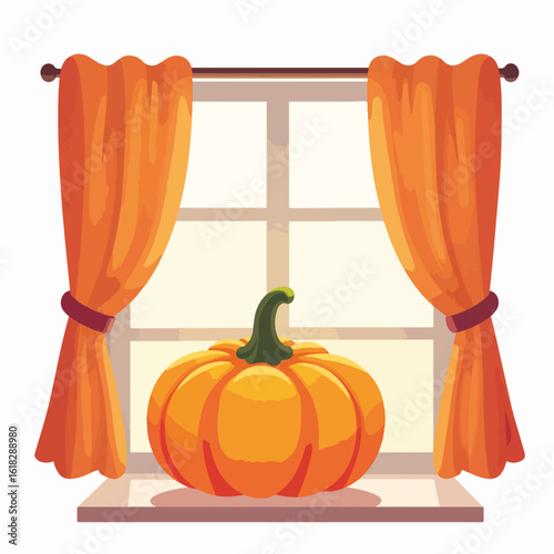 Pumpkin on windowsill with orange curtains creating cozy autumn scene. Pumpkin with vibrant curtains evokes seasonal mood, autumnal charm and decorative flair.