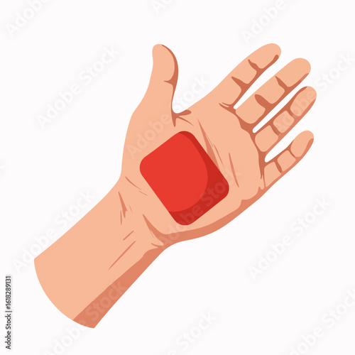 Man’s wrist with red patch, showing treatment or medical care on light background. Man’s wrist is covered with a healing patch indicating skin protection from abrasion, injury, or infection.