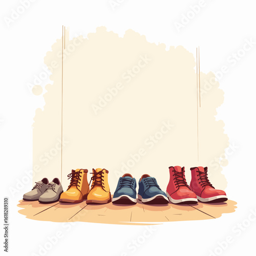 Shoes lined up in entryway with casual footwear arranged neatly against blank background, waiting near door. Shoes lined up in entryway offer an organized storage and ready footwear option.