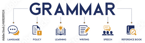 Grammar website icons vector concept illustrated with an icons of language, reference book, speech, writing, learning, policy.