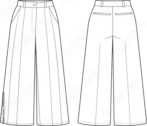 High Waist Wide Leg Pants Flat Sketch, Women’s Trousers Front and Back CAD Drawing for Fashion Apparel Design Templates