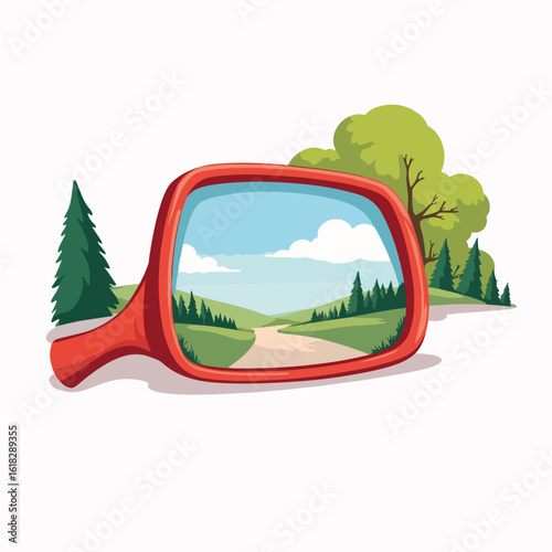 Side mirror reflecting driveway and distant landscape creating a scene of travel and adventure. Side mirror reflects picturesque driveway winding through nature with vibrant foliage,