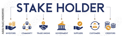 Stakeholder website icons vector concept illustrated with an icons of investors, creditors, customers, suppliers, government, trade union, community., relationship, interest, expectation, participate