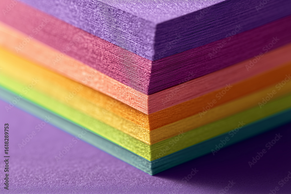 Fototapeta premium Stack of colorful textured paper sheets in rainbow gradient purple pink orange yellow green blue image