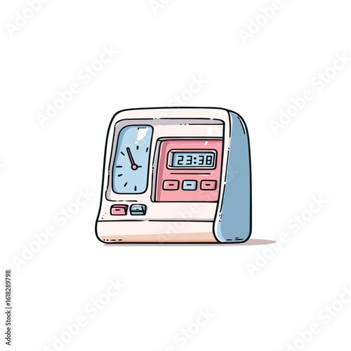A nostalgic hand-drawn illustration of a retro digital alarm clock with an analog face, a vintage icon for time, morning routines, and 80s or 90s style.
