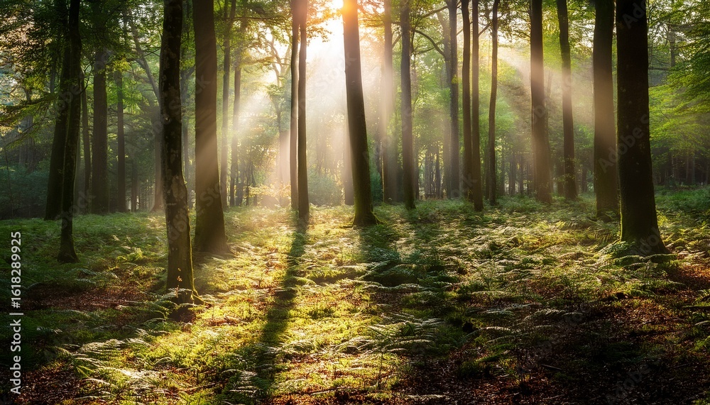 Fototapeta premium enchanted forest illumination captivating light beams in a mystical woodland setting