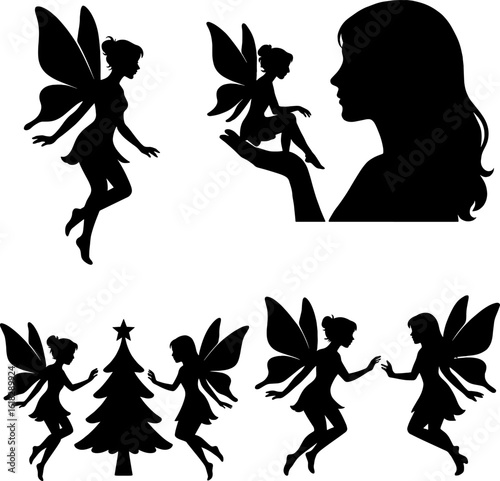 Fairies with wings in black and white silhouette asset with white background illustration 
