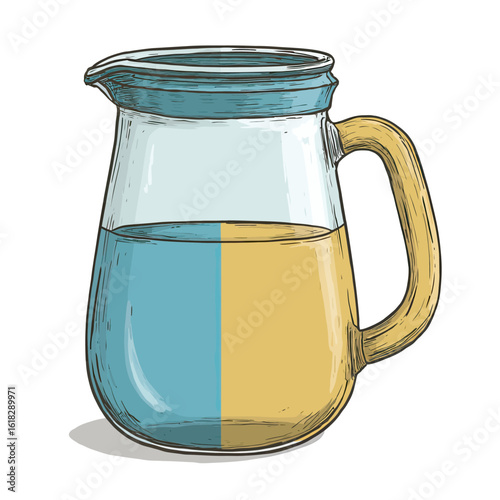 A hand-drawn glass pitcher illustration with a creative two-tone liquid design in blue and yellow, perfect for concepts of mixing, choice, or unique beverages.
