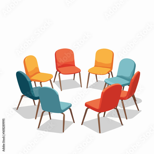 Empty chairs arranged in circle represent support group gathering. Support group meetings need seating, with chairs ready for participants to share, listen, and connect.
