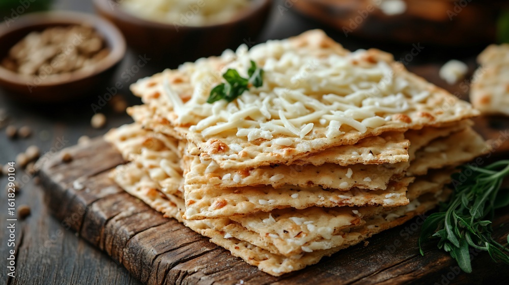 Fototapeta premium Stacked cheese crackers on wooden board, seasonings in background