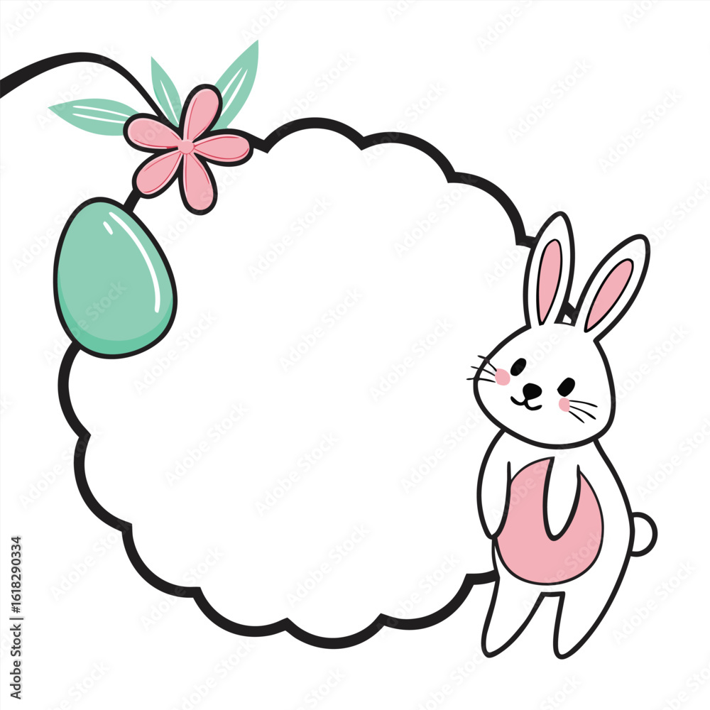 Fototapeta premium Cute bunny and easter egg with floral accents flower leaves