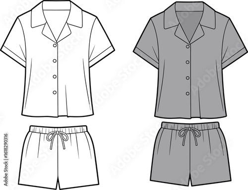 Loungewear set CAD illustration, shirt and shorts design, front view vector sketch, drawstring waist, collar detail, cozy fashion template