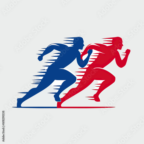 A dynamic sports logo of two runners sprinting in red and blue, with motion trails conveying speed and energy, ideal for marathons, races, or fitness brands.
