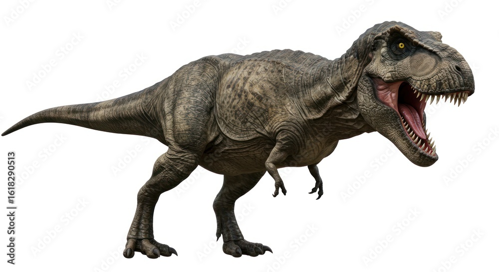 Fototapeta premium Tyrannosaurus Rex dinosaur roaring with an opened mouth prehistoric creature isolated on white