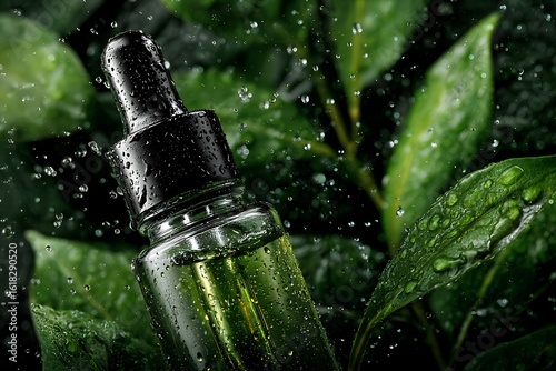 Luxurious serum bottle glistening with water droplets amidst vibrant green leaves evokes natural beauty and rejuvenation for skincare.