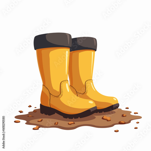 Work boots beside pile of cuttings are ready for tough tasks, yellow boots providing safety and reliability. Sturdy work boots are ideal for construction, landscaping, or gardening.