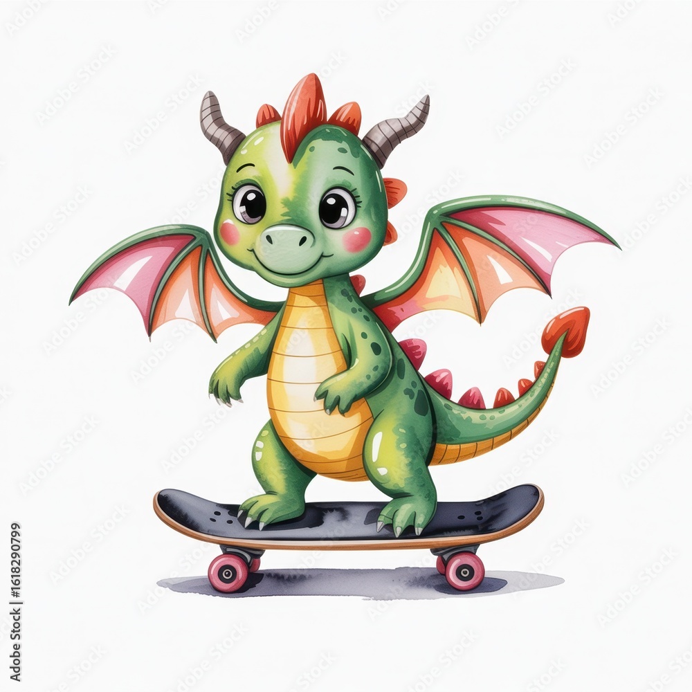 Obraz premium Adorable Green Dragon Skateboarding in a Vibrant Watercolor Illustration Full of Charm and Whimsy