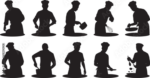 Chef Silhouettes in Action A Collection of Cooks Preparing Food with Various Utensils and Techniques