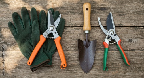 Overhead shot of gardening tools arranged on weathered wood  a pair of green gloves, orange-handled pruning shears, a small trowel with a wooden handle