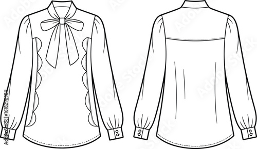 Elegant Women’s Blouse Flat Sketch, Long Sleeve Top with Bow and Scallop Detail, Fashion CAD for Apparel Design