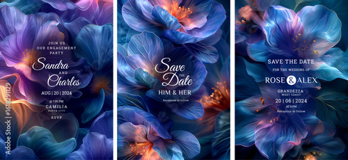 Blue themed blooming wedding invitation template design, Luxury greeting design, save the date design, colorful texture, Hand drawn texture design for invitation