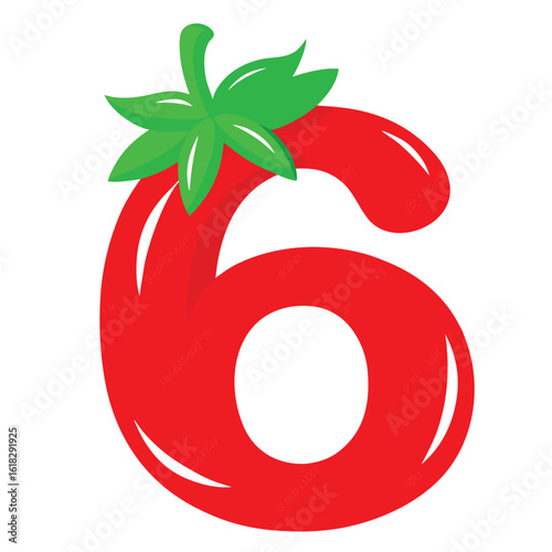 Red number six shaped like a tomato with green leaves vector