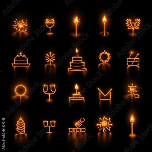 Glowing Neon Celebration Icons for Festive Events and Occasions