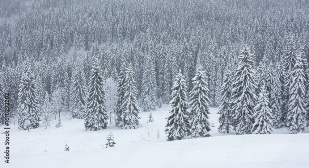 Naklejka premium A wide view of a snow-covered forest with closely packed evergreen trees. The landscape is covered in fresh snow, under an overcast sky