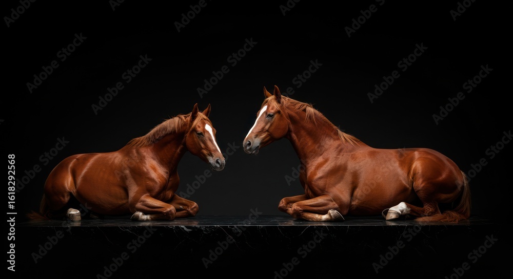 Obraz premium Contemplative equine portrait featuring two serene brown horses against a stark backdrop