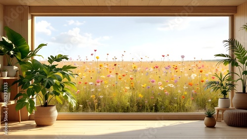 Wooden interior design with large window overlooking blooming meadow, Zoom Background