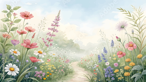 Spring meadow with flowers. Idyllic watercolor painting of a winding path through a vibrant wildflower meadow.