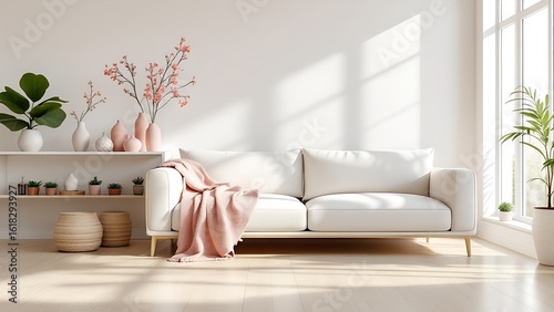 Modern minimalist interior design with white sofa and pink accents, Zoom Background