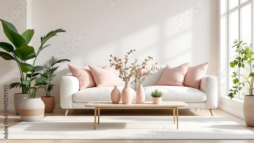 Modern living room interior design with white sofa and pink cushions, Zoom Background