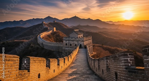 Great wall under sunshine during sunset.