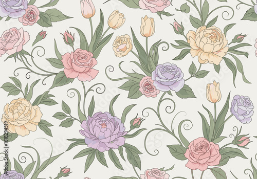 Seamless pattern with hand-drawn roses, peonies, and tulips with curling stems and pastel leaves on soft gray background, elegant vector design for upscale wallpaper, bedding, and home decor