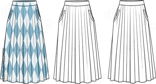 Skirt CAD drawing, flat vector sketch, diamond pattern design, pleated skirt styles, front view illustration, fashion apparel template, white, blue