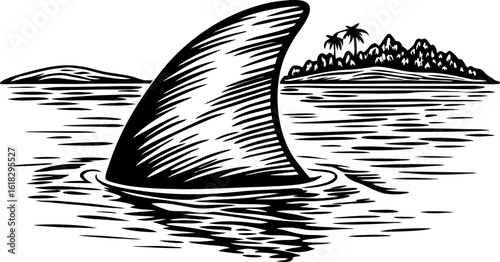 Shark fin in ocean waves near tropical island, danger concept, predator wildlife, hand drawn black and white illustration