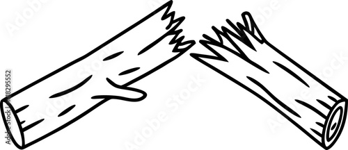 Broken wooden branch split in half simple outline isolated on white nature damage, wood fracture illustration