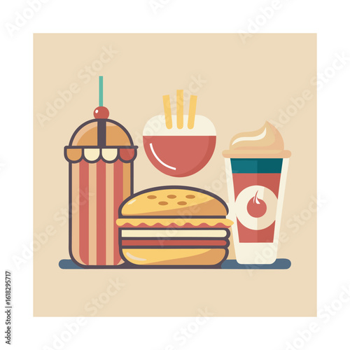 A Colorful Vintage Illustration of Popular Fast Food Items and Refreshing Drinks on a Light Beige Background