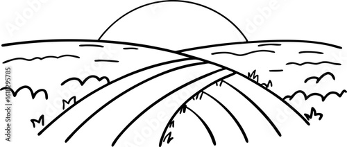 Minimalist sunrise landscape with cultivated fields, countryside road, and simple rural agriculture scene