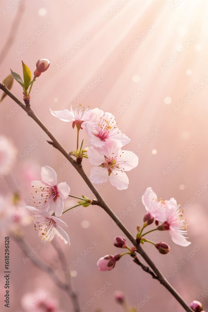 Obraz premium Delicate Cherry Blossom Branch Bathed in Soft Morning Light