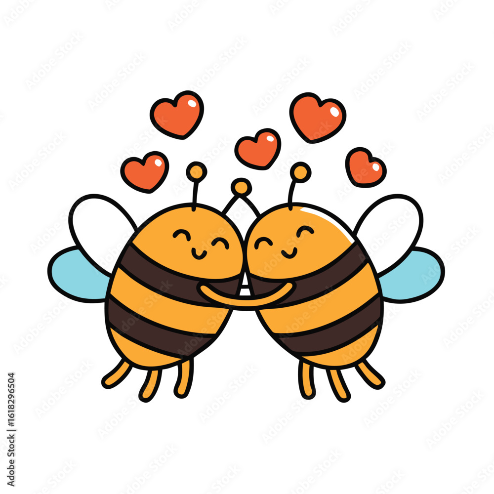 Fototapeta premium Two happy bees hugging surrounded by hearts insects love