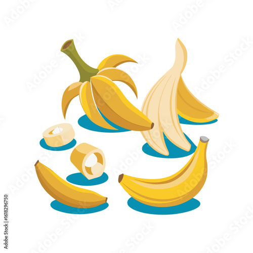 A vibrant collection of whole peeled and sliced bananas showcasing their healthy yellow peel and creamy white flesh