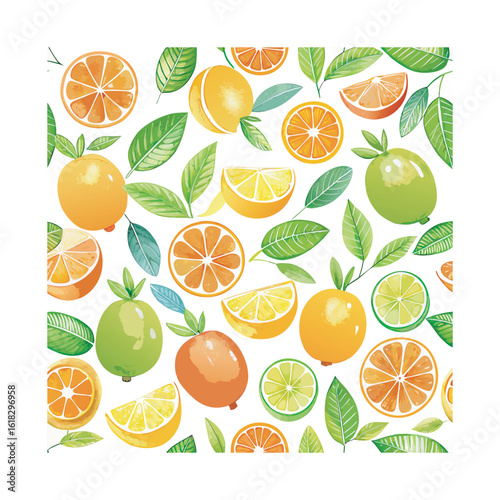 Vibrant Watercolor Citrus Fruit Pattern with Fresh Green Leaves and Zesty Lemon Slices