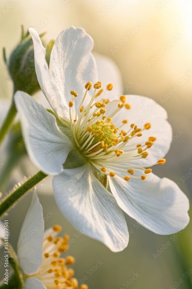 Fototapeta premium Delicate White Flower with Yellow Pollen in Soft Natural Light