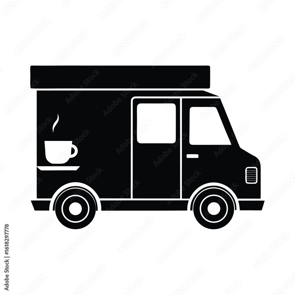 Fototapeta premium Vector art of black and food truck with steaming coffee cup isolated