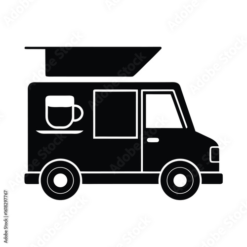 Vector art of black and food truck with coffee cup and awning isolated