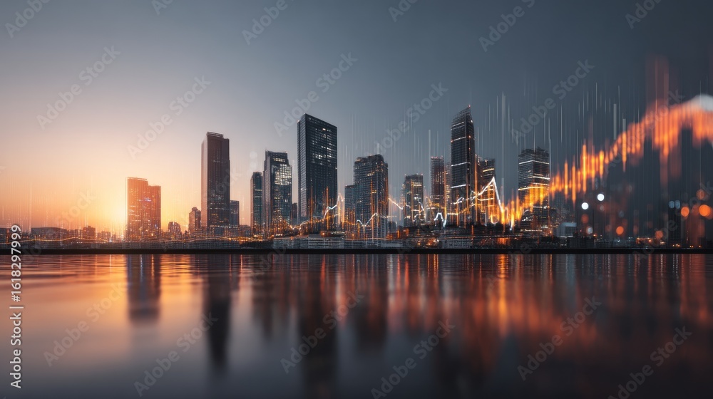 Fototapeta premium Financial data visualized on a city skyline at sunset