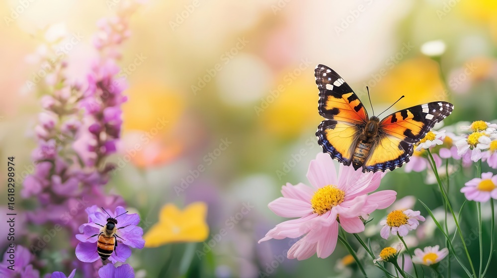 Obraz premium A vibrant pollinator garden with bees, butterflies, and hummingbirds, showcasing the role of pollinators in ecosystems